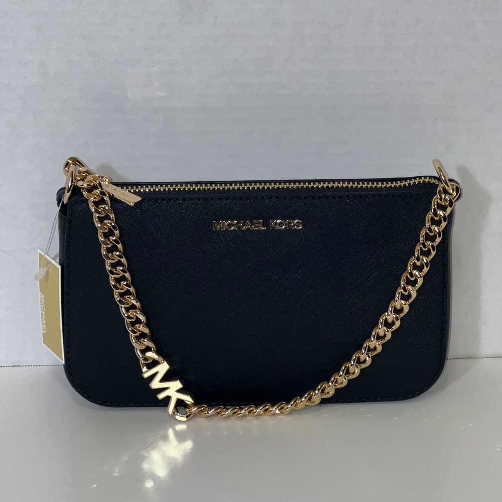 MICHAEL Michael Kors Jet Set Black Leather Purse with Gold Chain NWT